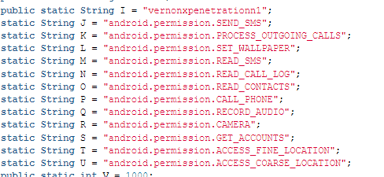 The list of permissions requested by a malware sample on the infected Android device