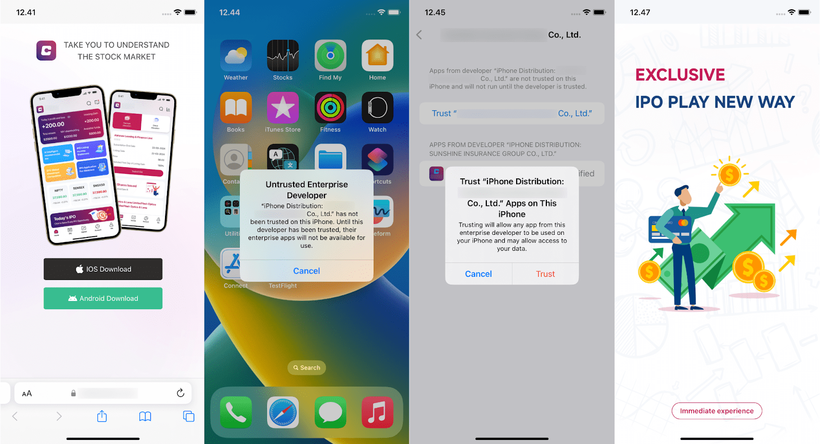 Fraude espectacular 2024 dirigido a iOS y Android 5 Ejemplo de visita a un sitio web de phishing, proceso de instalación y apertura de una aplicación fraudulenta