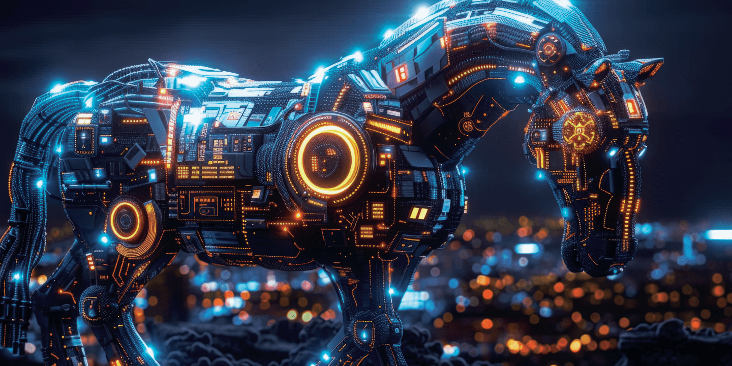 RAT KH-min A futuristic metal horse glows blue and gold via panels and grids to symbolize a remote access trojan (RAT) in cybersecurity.