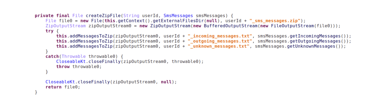 Figure 12. Creation of the ZIP archive with SMS messages.