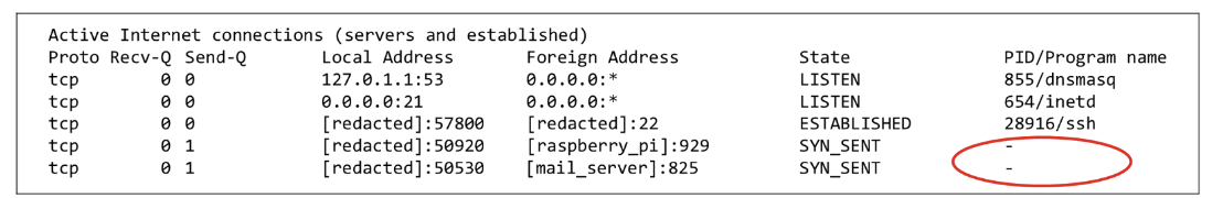 Figure 2. The forensic triage tool is unable to collect the relevant process name or ID associated with the socket.