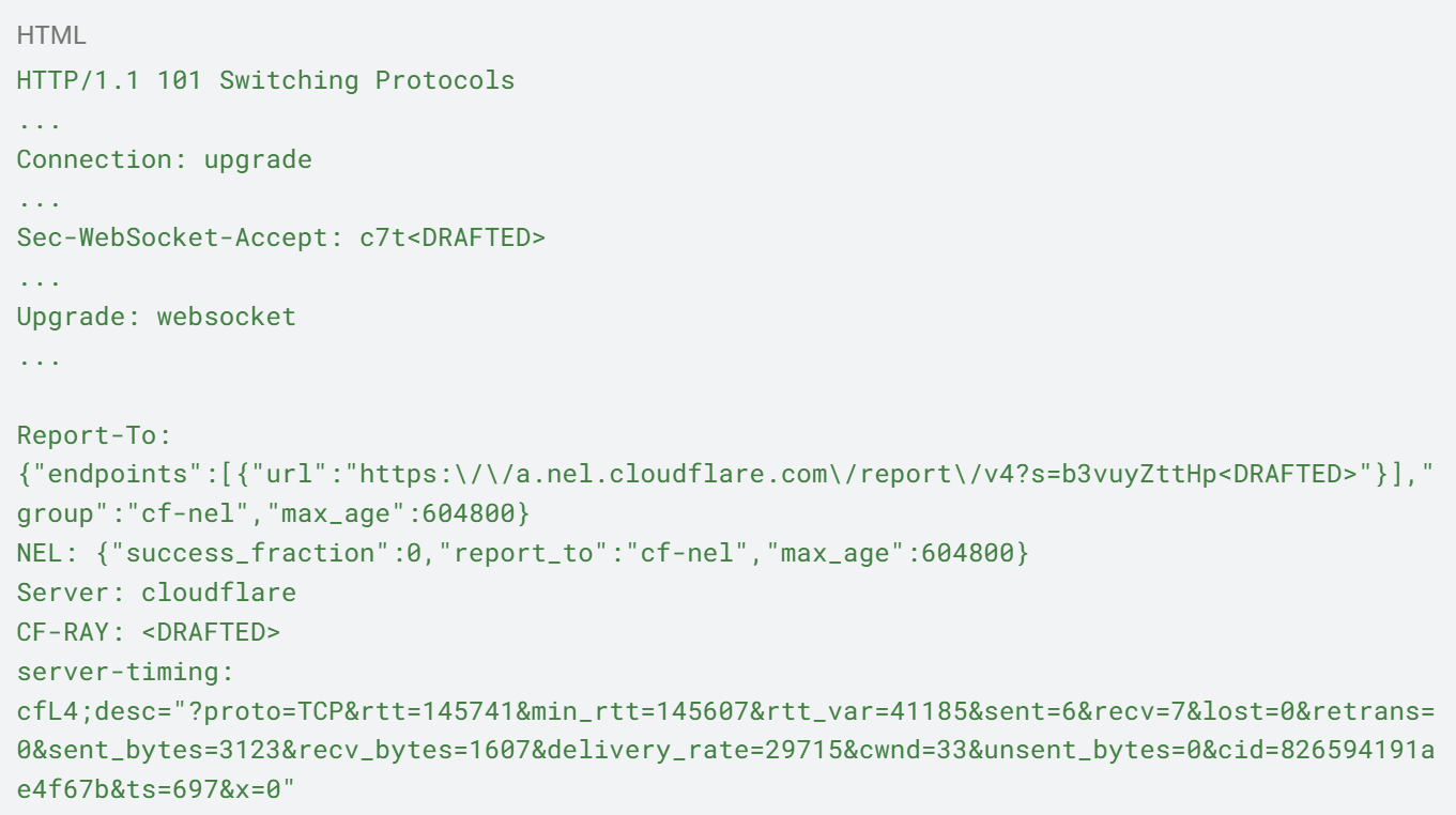 Code block 8. HTTP response to the prior WebSocket upgrade request, confirming a successful handshake.