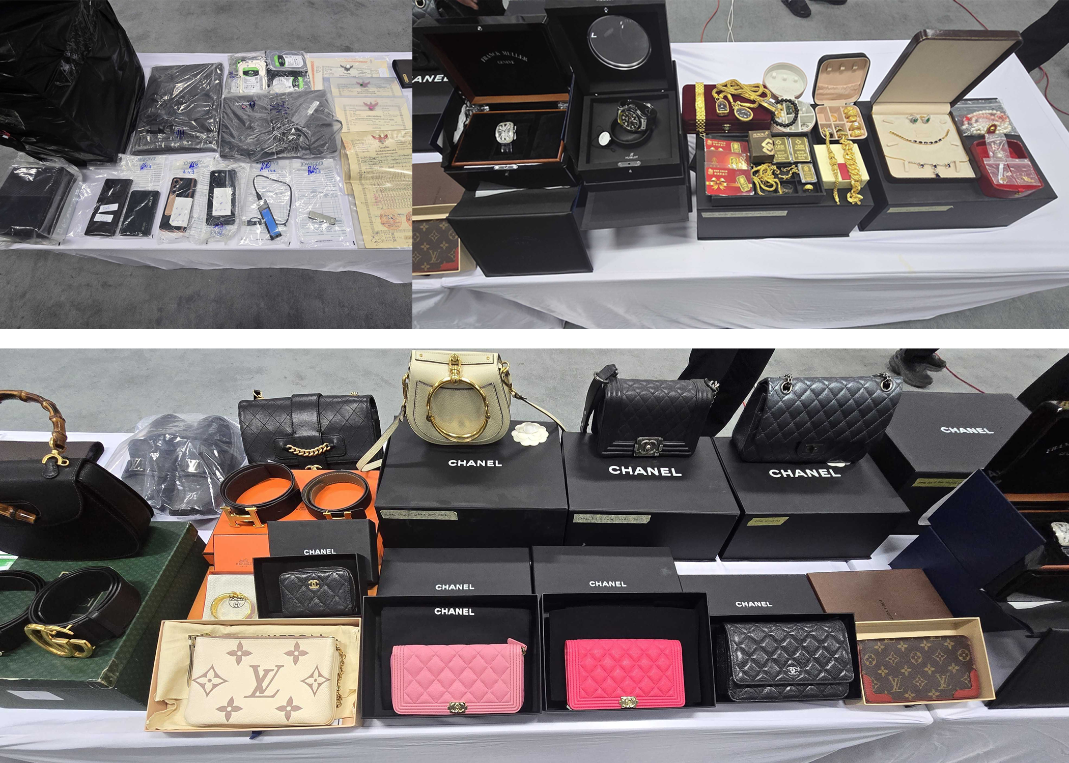 Electronic devices and luxury goods seized during the operation. Courtesy of the Royal Thai Police.