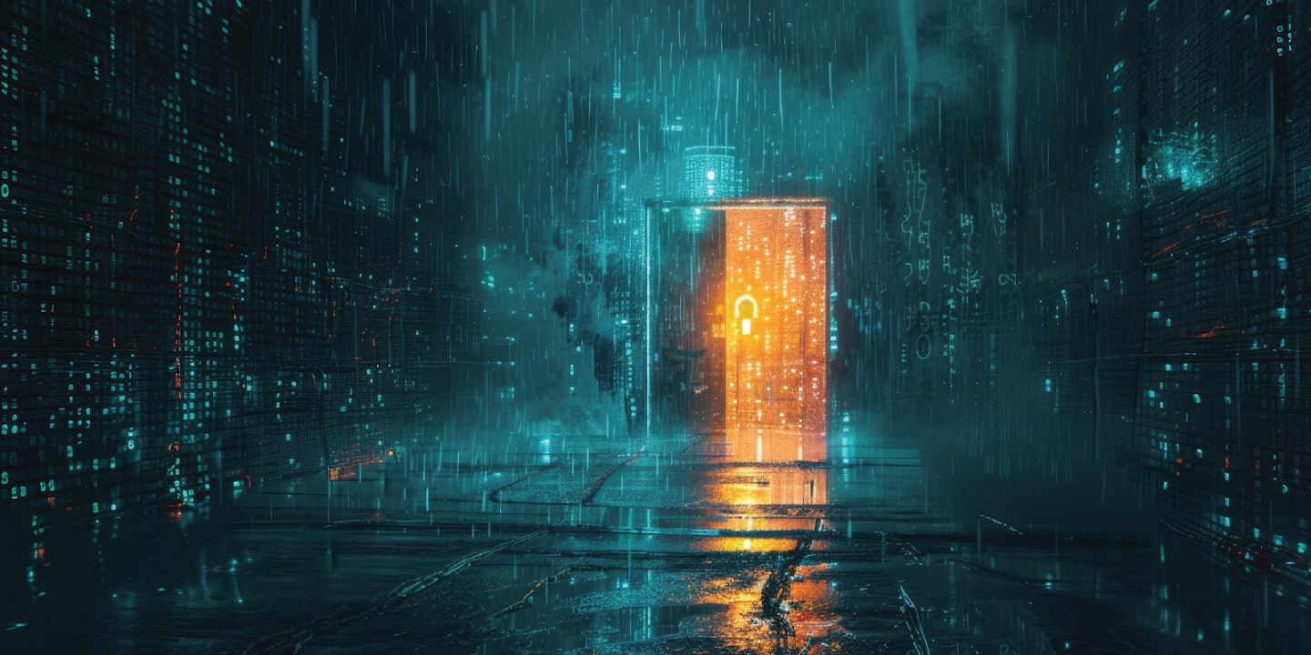 Tailgating Attack-min In a dark atmosphere with hazy blue streaks, a distant door opens to a yellow/orange glow to symbolize a tailgating attack