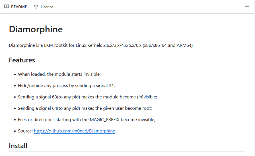 Screenshot of the description of Diamorphine on the GitHub repository