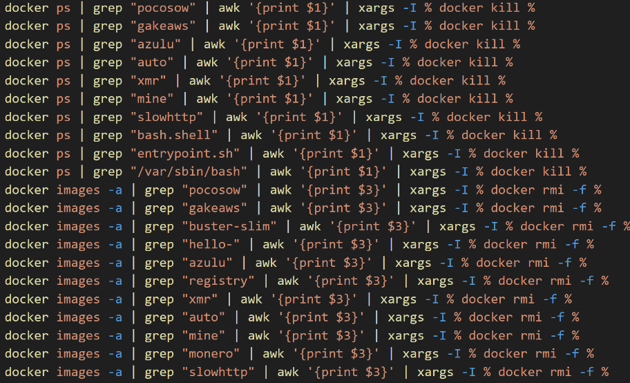Screenshot of commands executed to remove any miner running via docker