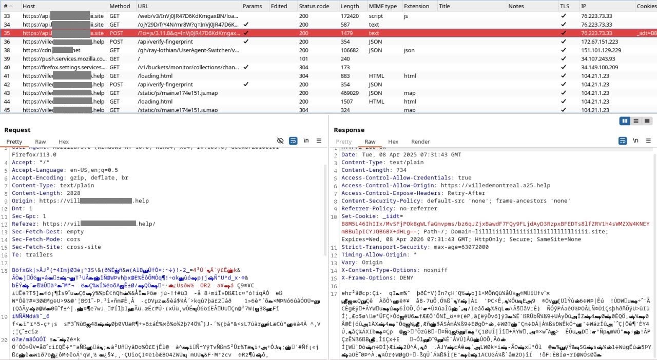 Figure 12. Transmission of encrypted fingerprint data via FingerprintJS Server API.