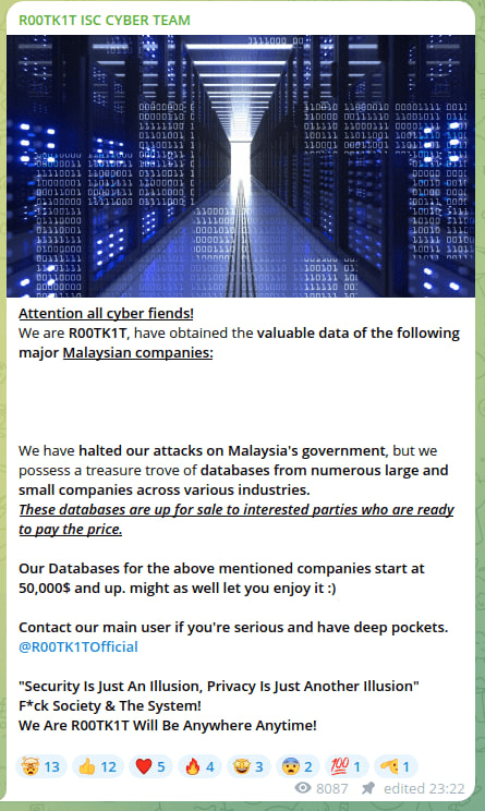 Figure 6: R00TK1T Telegram channel announcing company's data sale