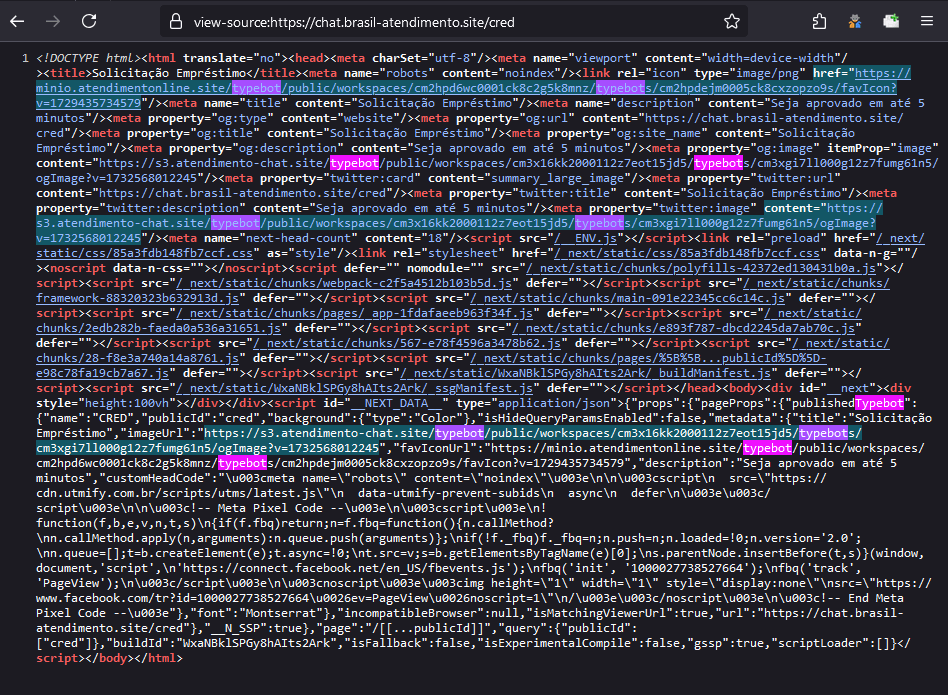 Image 11: Source code of the page highlighting from where the typebot code is loaded and used.