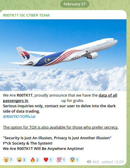 Figure 6: R00TK1T Telegram channel announcing company's data sale