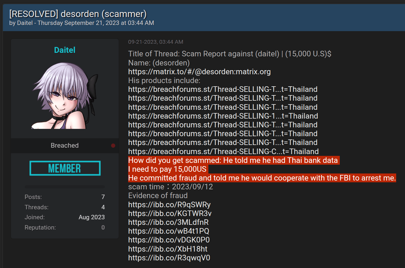Figure 14: Status of banned accounts of scammers on the dark web