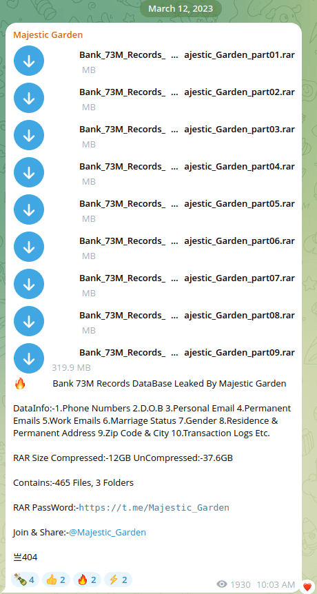 Figure 15: Majestic Garden Telegram Channel claiming ownership on already leaked data