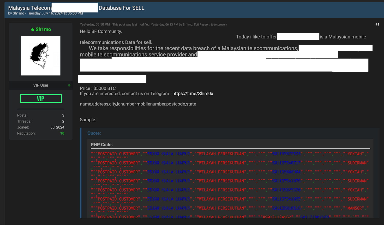 Figure 22: BreachForums user advertises Malaysian Telecom data leak