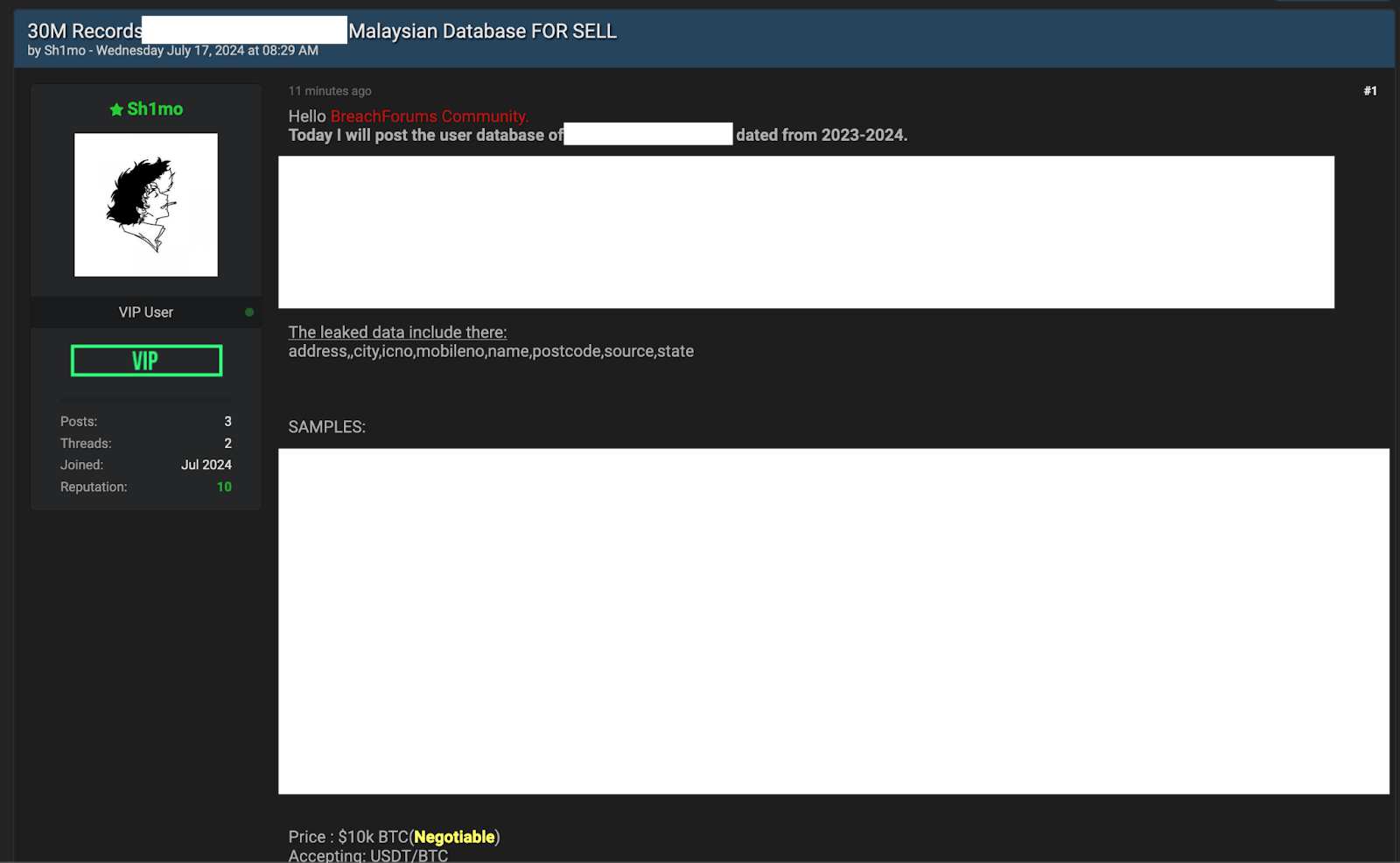 Figure 22: BreachForums user advertises Malaysian Telecom data leak