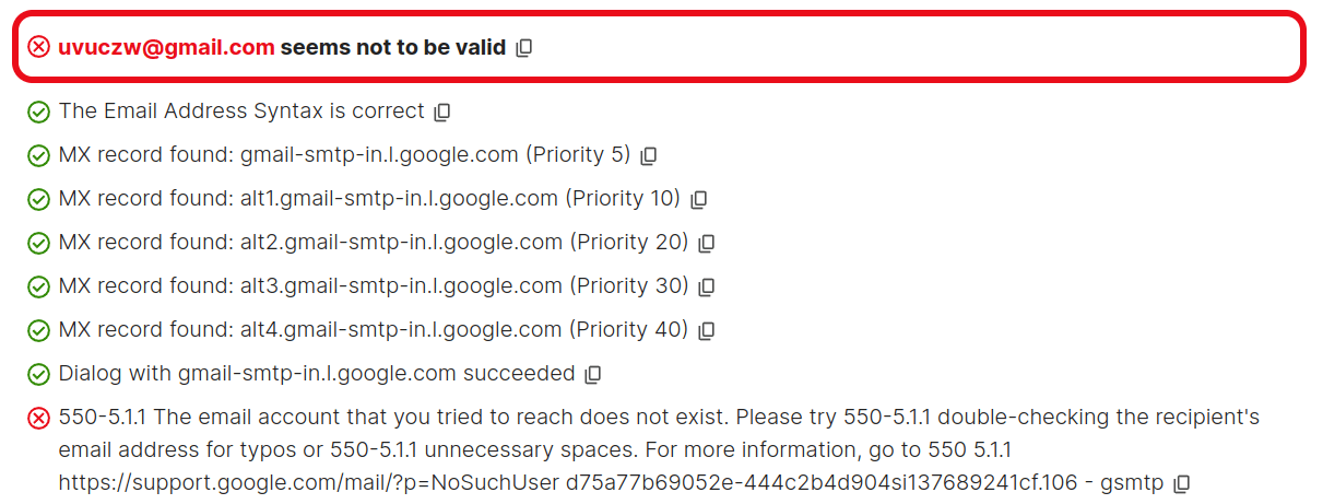 Figure 27: Verification of non-existent email addresses