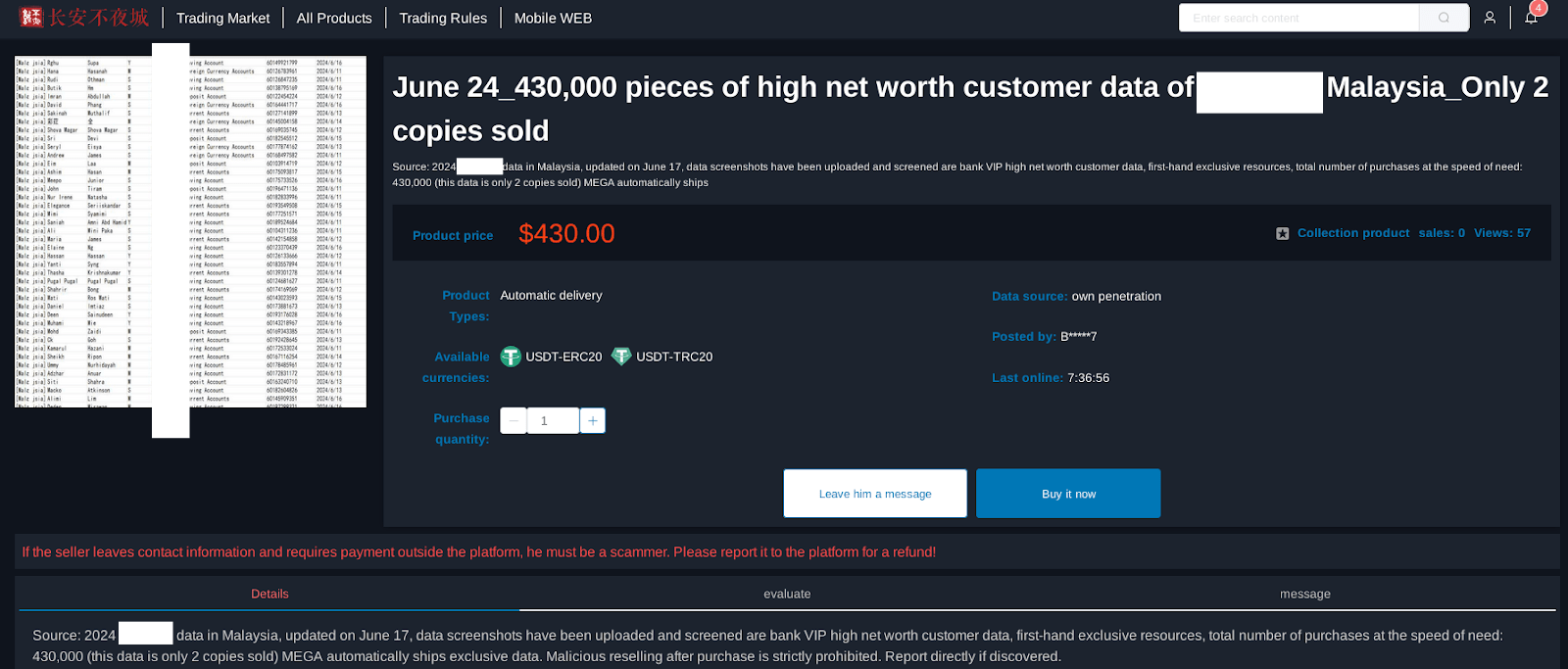 Figure 30: Listing of a database for sale by threat actor alias B*****7