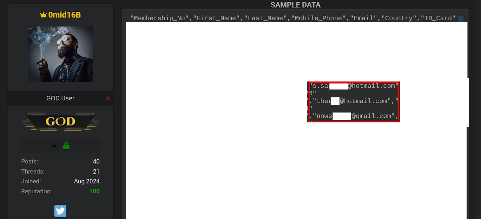 Sample Data Screenshot
