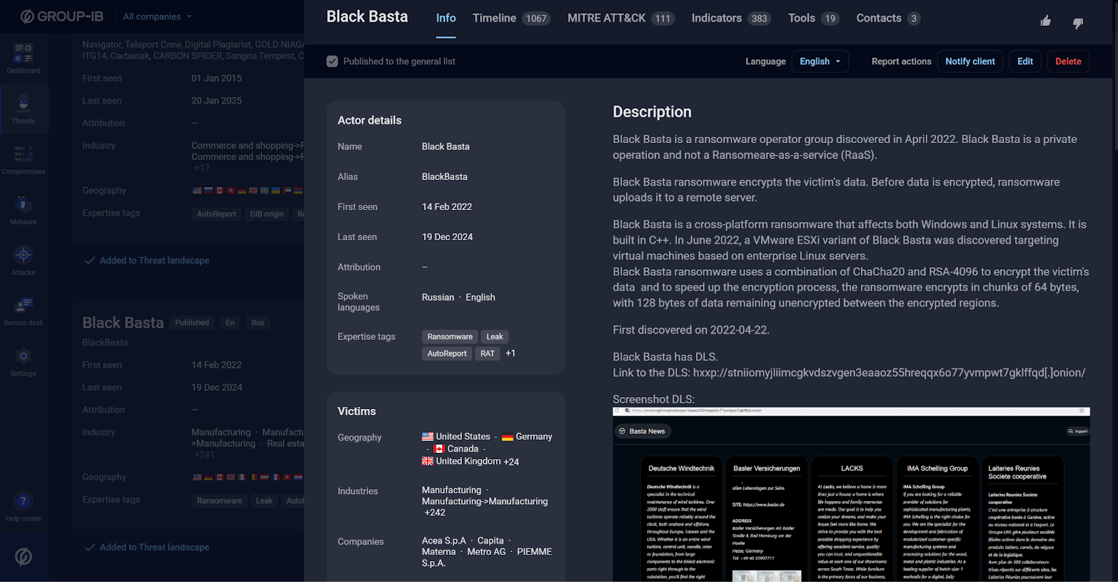 Figure 7. Black Basta actor profile in the TI interface