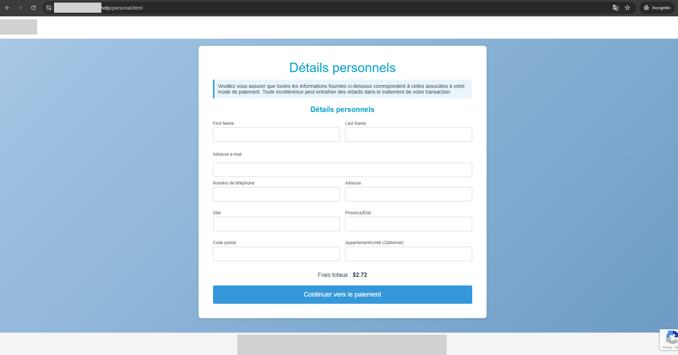 Figure 4. A screenshot of the form on the phishing website designed to capture victims’ personal information.