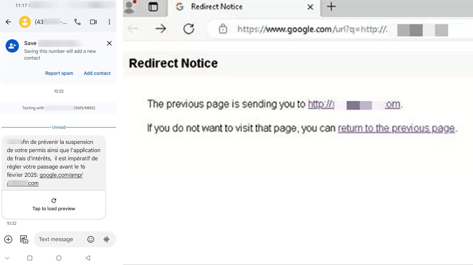 Figure 6. Screenshots of the masked phishing link delivered via SMS using Google AMP redirect (left), and the redirect notice on the browser (right).