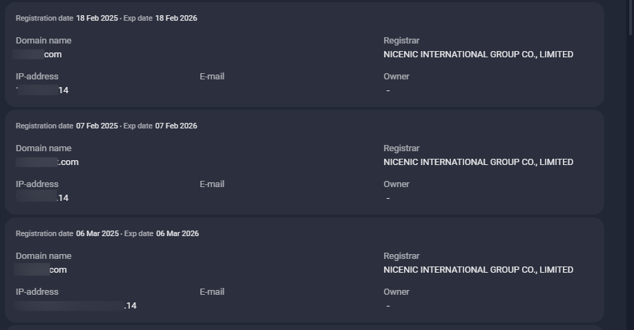 Figure 9. A list of domains with matching SOA records, detected by Group-IB Graph.