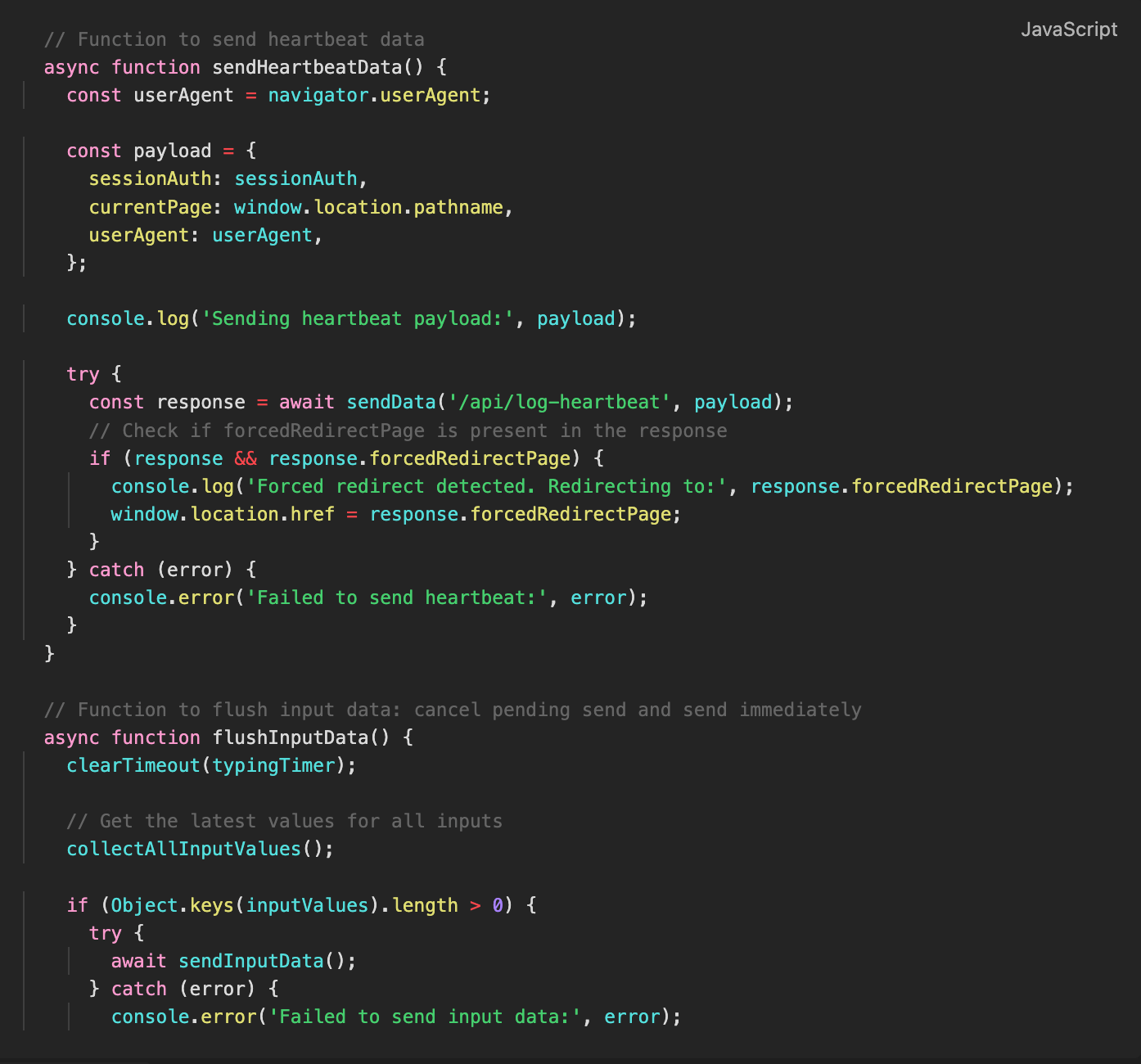 Figure 23. sendHeartbeatData() and flushInputData(): Sending session and user input data to the server