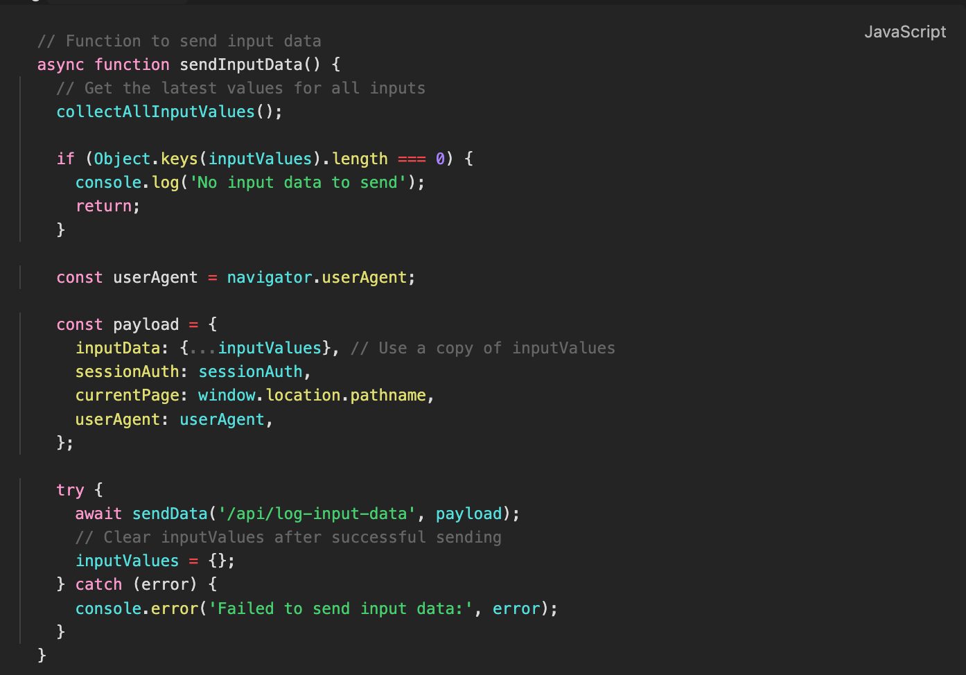 Figure 24. A screenshot of the sendInputDatafunction.
