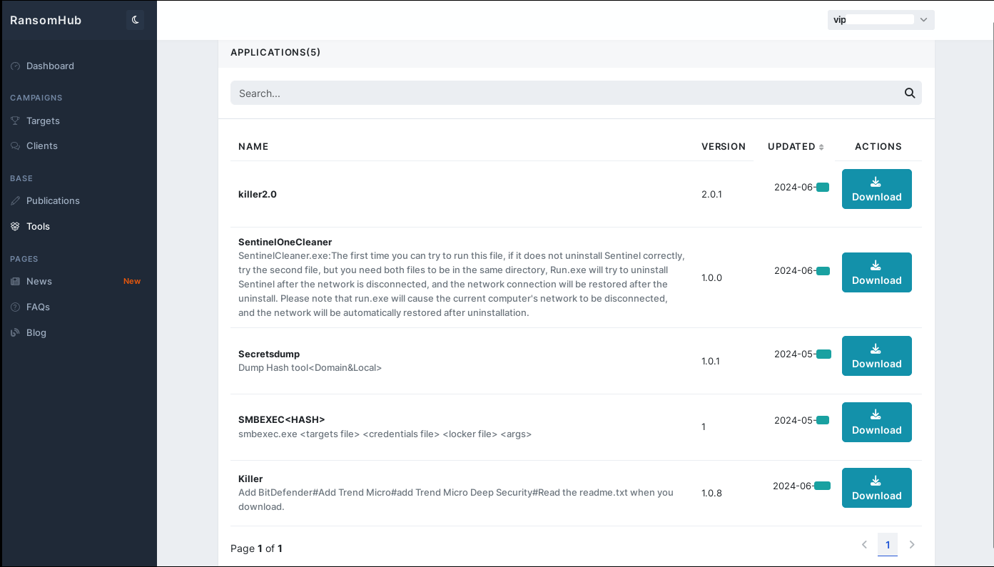 Figure 12. Killer and Tools available in the RansomHub's vip affiliate panel on June 2024