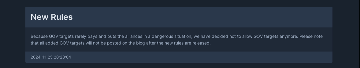 Figure 14. Note released in the affiliate panel on not attacking government bodies