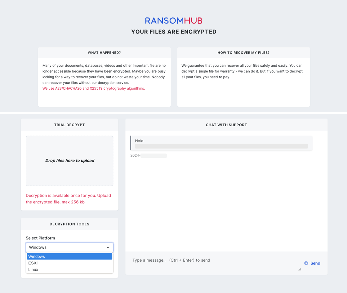 Figure 21. Victim's view of live-chat including the download of decryptors