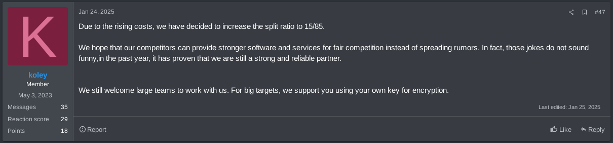 Figure 26. RansomHub increases split ratio to 15/85 on January 24th, 2025