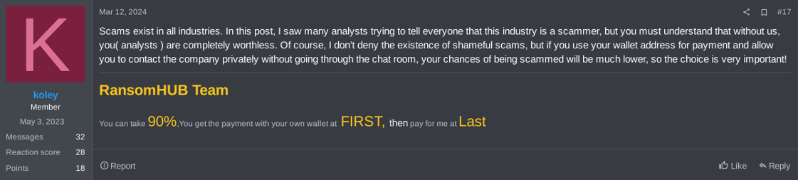 Figure 30. Comments of RansomHub's operator on exit scam