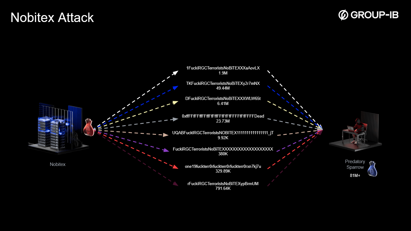Figure 2: Cryptocurrency flows from Nobitex to burn addresses generated and sent to by Predatory Sparrow