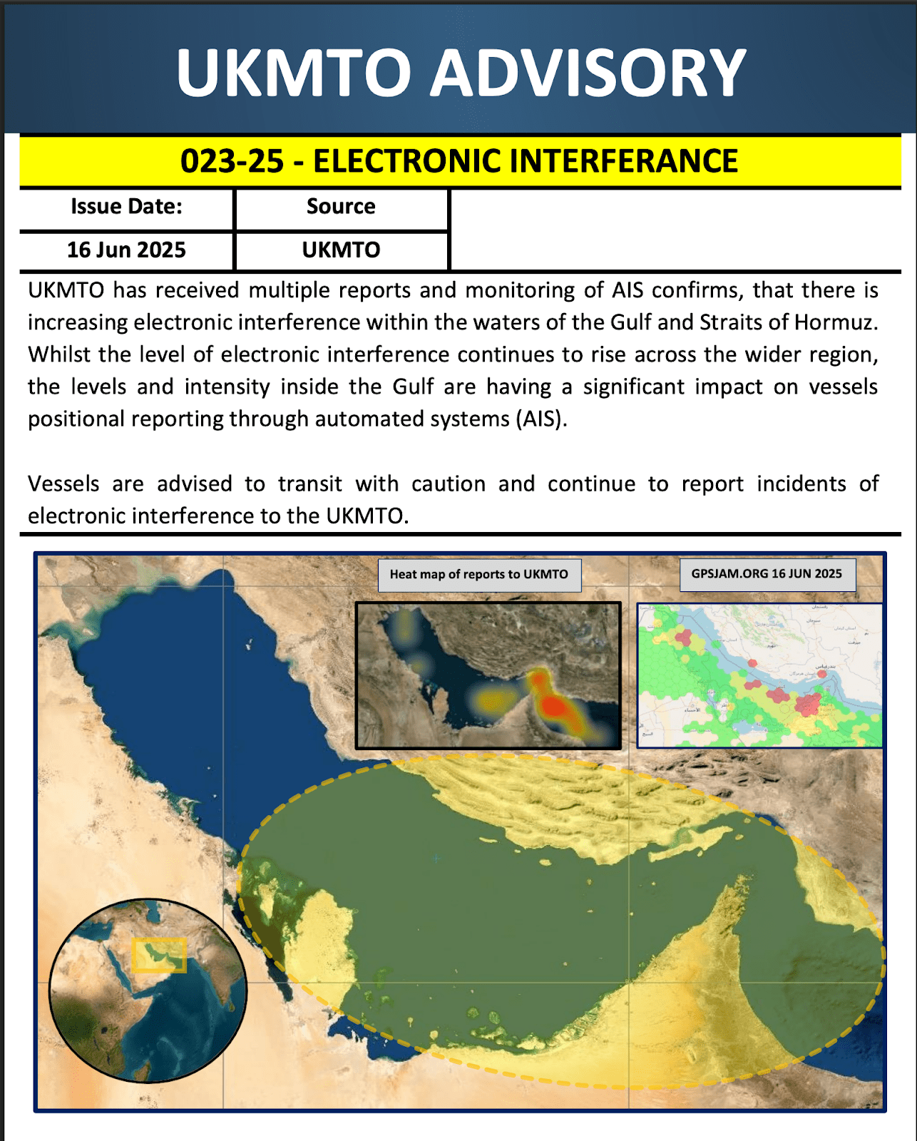 Figure 4: UKMTO advisory from June 16 warning maritime operators of GPS spoofing in the region