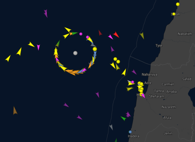 Figure 6: Automatic Identification System (AIS) data showing 'ghost ships' with incorrect positioning around Israel and Lebanon on June 20 (Credit: VesselFinder)