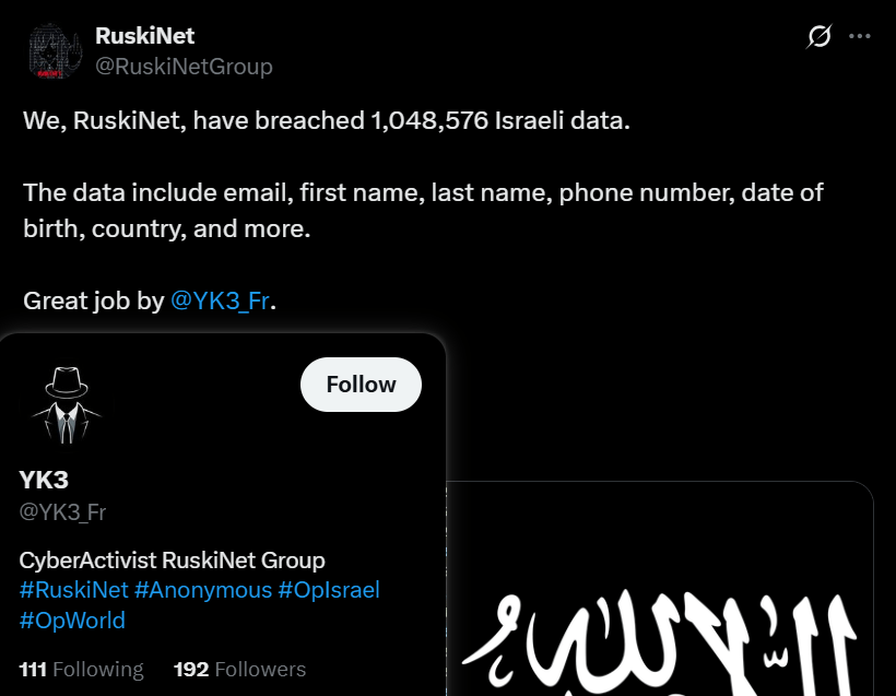 Figure 22: X Post by RuskiNet mentioning an affiliated user; “YK3”
