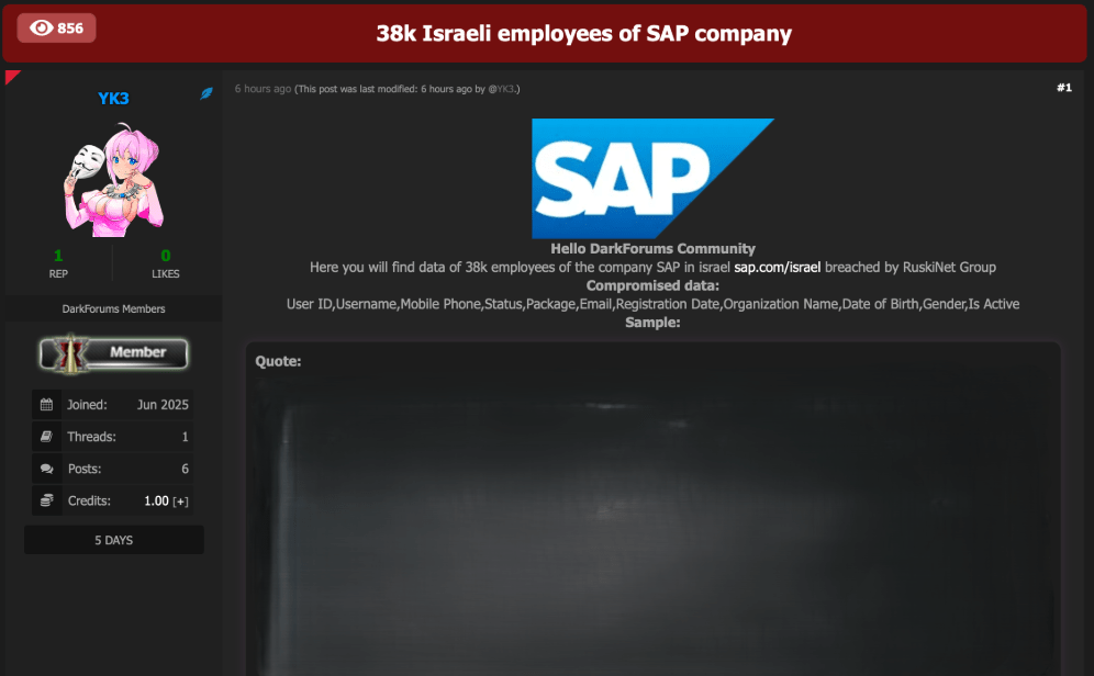 Figure 23: RuskiNet-affiliate; “YK3” claiming a leak of 38,000 Israeli SAP employees’ data