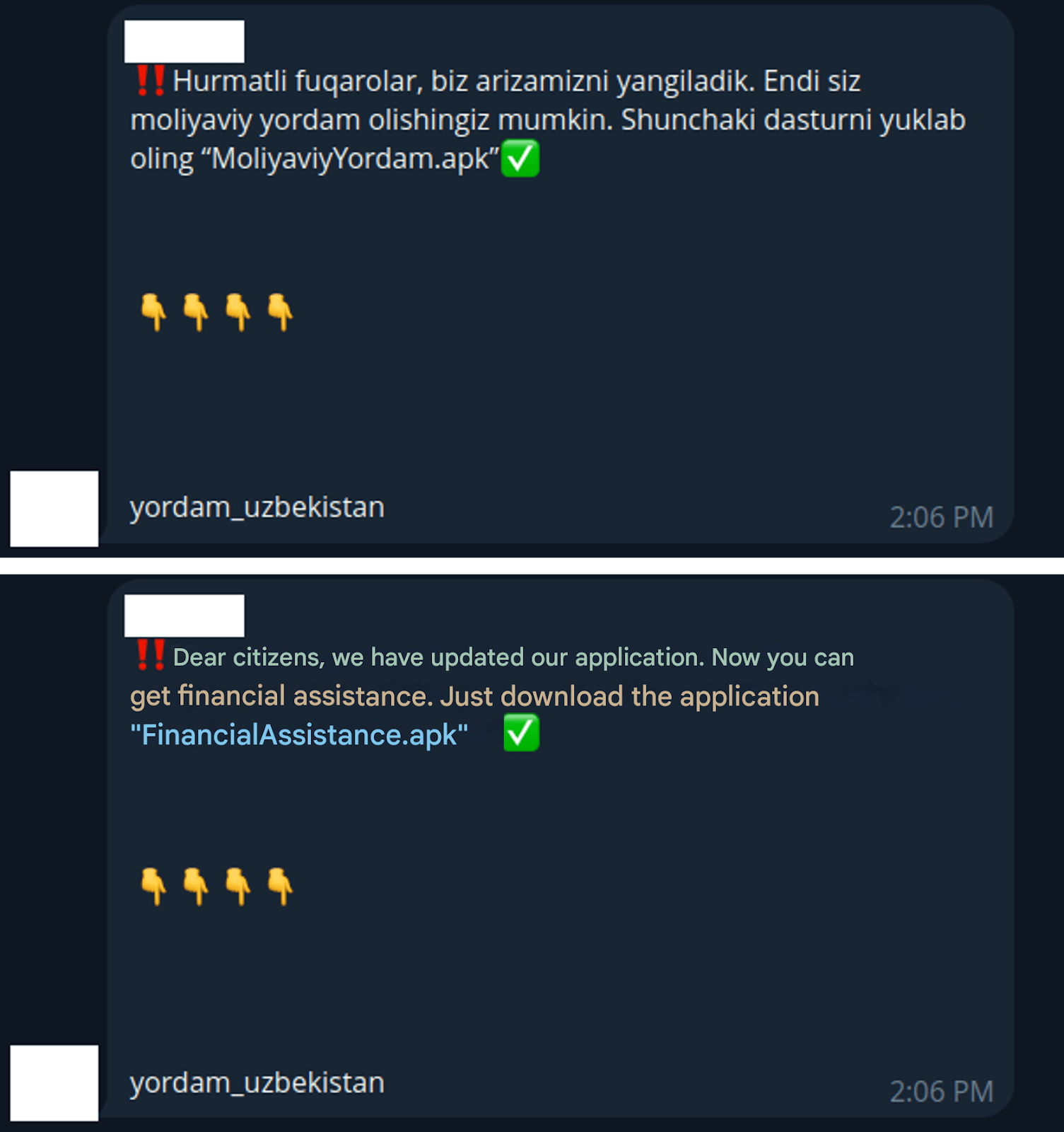 Figure 1. A screenshot of a deceptive message via Telegram requesting users to download a malicious app to receive financial assistance from the government in Uzbek (top) and translation in English (bottom).