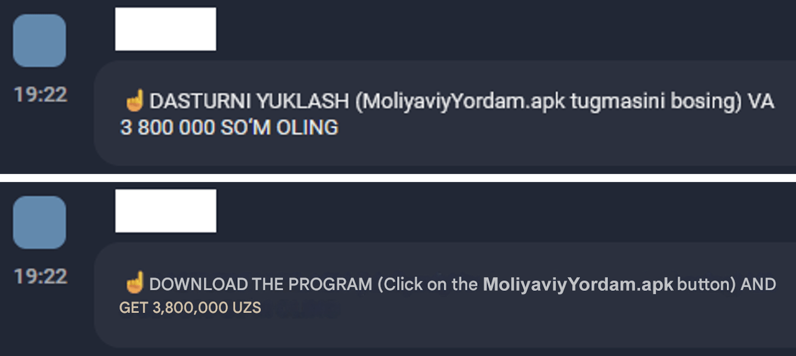 Figure 2. Another example of a deceptive message via Telegram requesting users to download a malicious app to receive financial assistance from the government in Uzbek (top) and translation in English (bottom).