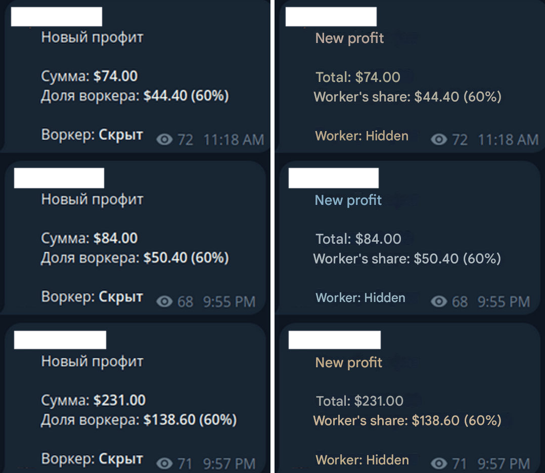 Figure 5. A screenshot of the earnings published by the fraudsters on their Telegram channel in Uzbek (left) and translation in English (right).