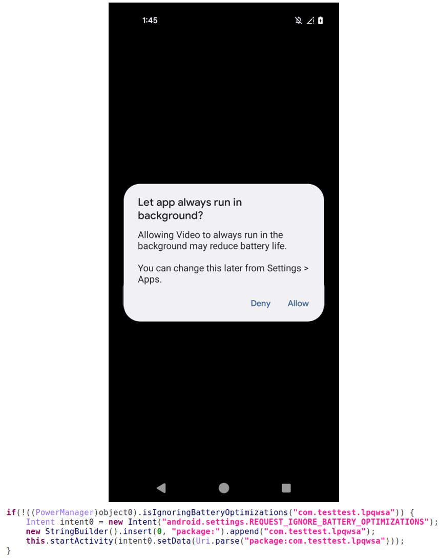 Figure 19. The screenshot of the malware requests to disable battery optimization restrictions, and corresponding code.