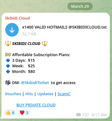 Figure 9. A screenshot of a message posted on a Telegram channel on subscription plans to gain access to combolists.