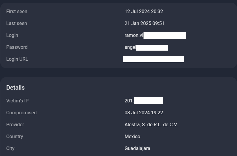 Figure 14. A screenshot of Group-IB’s Threat Intelligence platform, which shows the published infostealer log of a single user, revealing the email address and password, as well as when the device was infected with an infostealer malware.