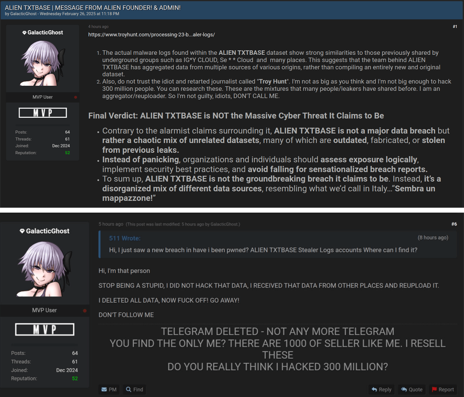 Figure 18. A series of screenshots from BreachForums of GalacticGhost attempting to distance and discredit his former self (AlienTXT).