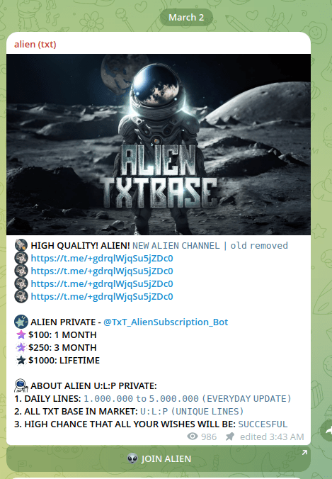 Figure 20. A screenshot of the new Telegram channel launched by AlienTXT.