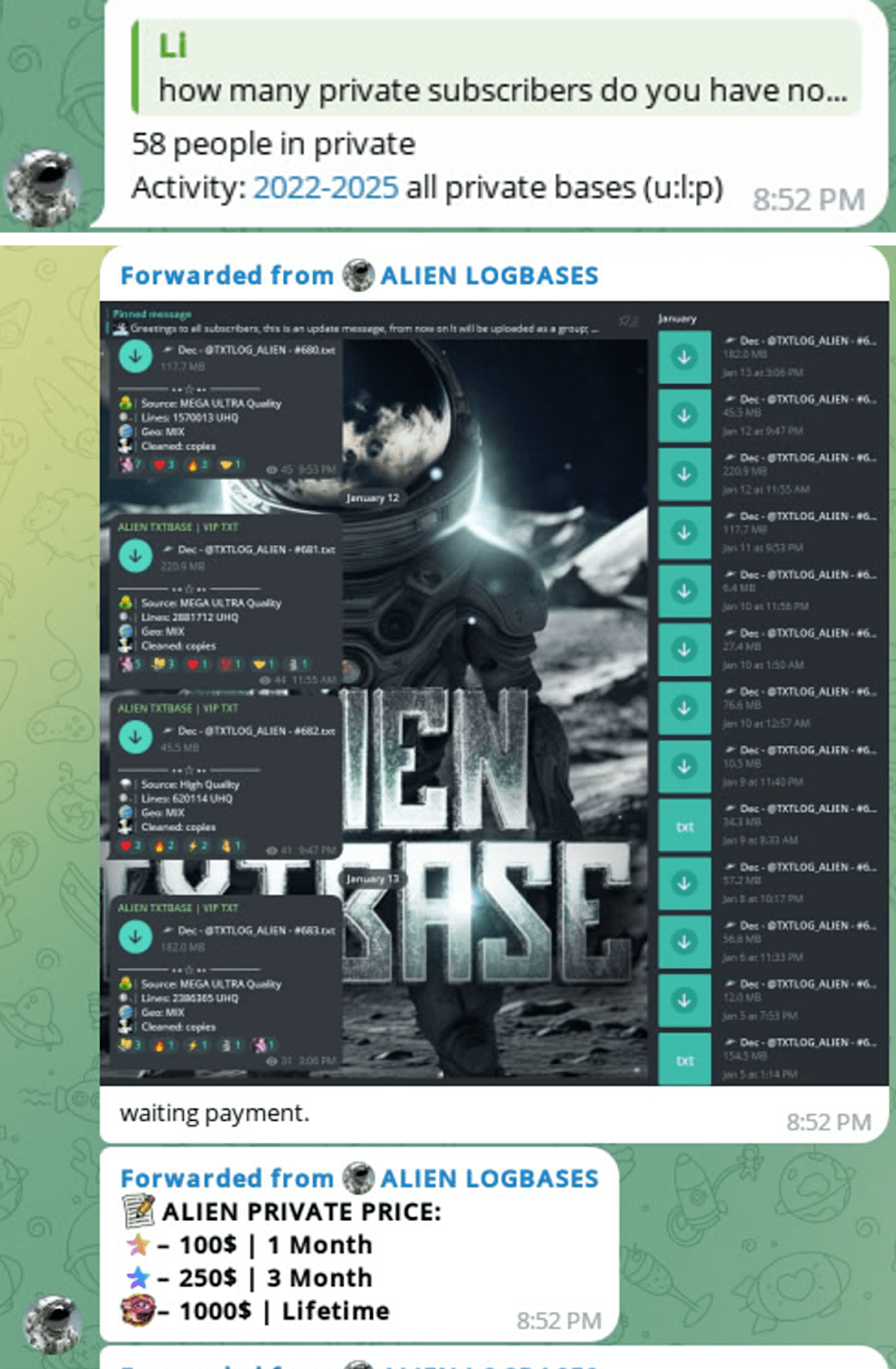 Figure 22. A series of screenshots of messages between Group-IB and AlienTXT.