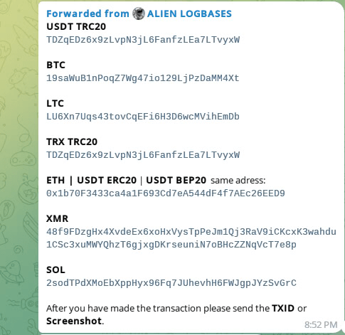 Figure 24. A screenshot of a number of cryptocurrency wallets that subscribers could pay for access to the private Telegram channel. 